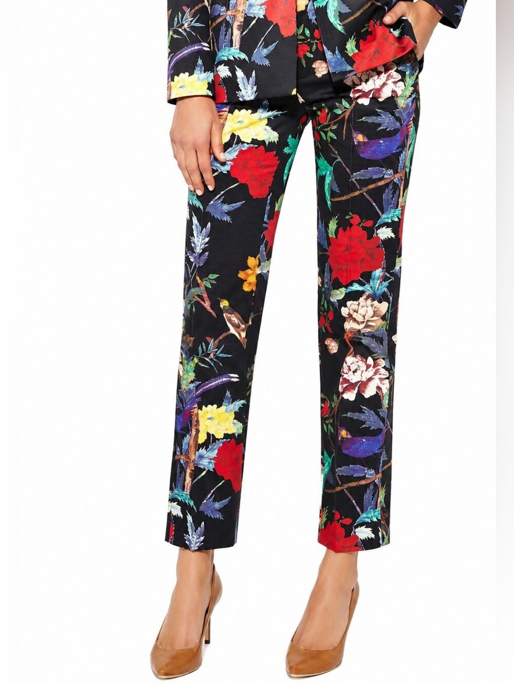 Alice + Olivia Eddie Floral Bird Pants Straight Leg High Rise Pintuck Crop Sz 6